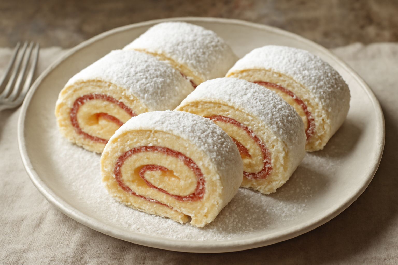 Brazo de Gitano tagliato a fette su un piatto bianco, che mostra il pan di spagna color avorio, la crema gialla all'interno e la marmellata rosa, spolverato di zucchero a velo bianco sulla superficie 