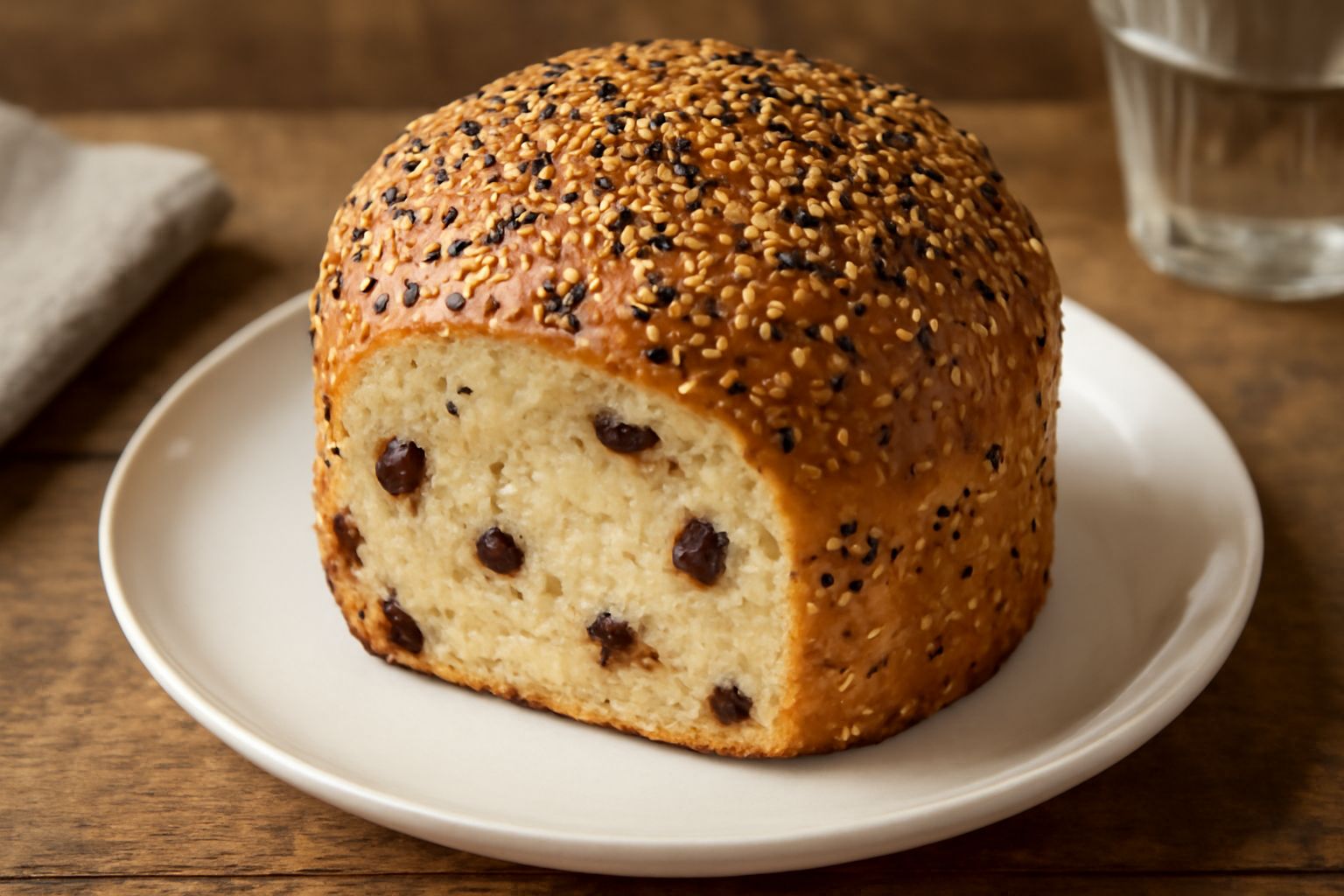 Pane dolce rotondo color dorato con copertura di sesamo bianco e marrone, affettato per mostrare la mollica soffice punteggiata di uvetta scura, impiattato su tavolo di legno
