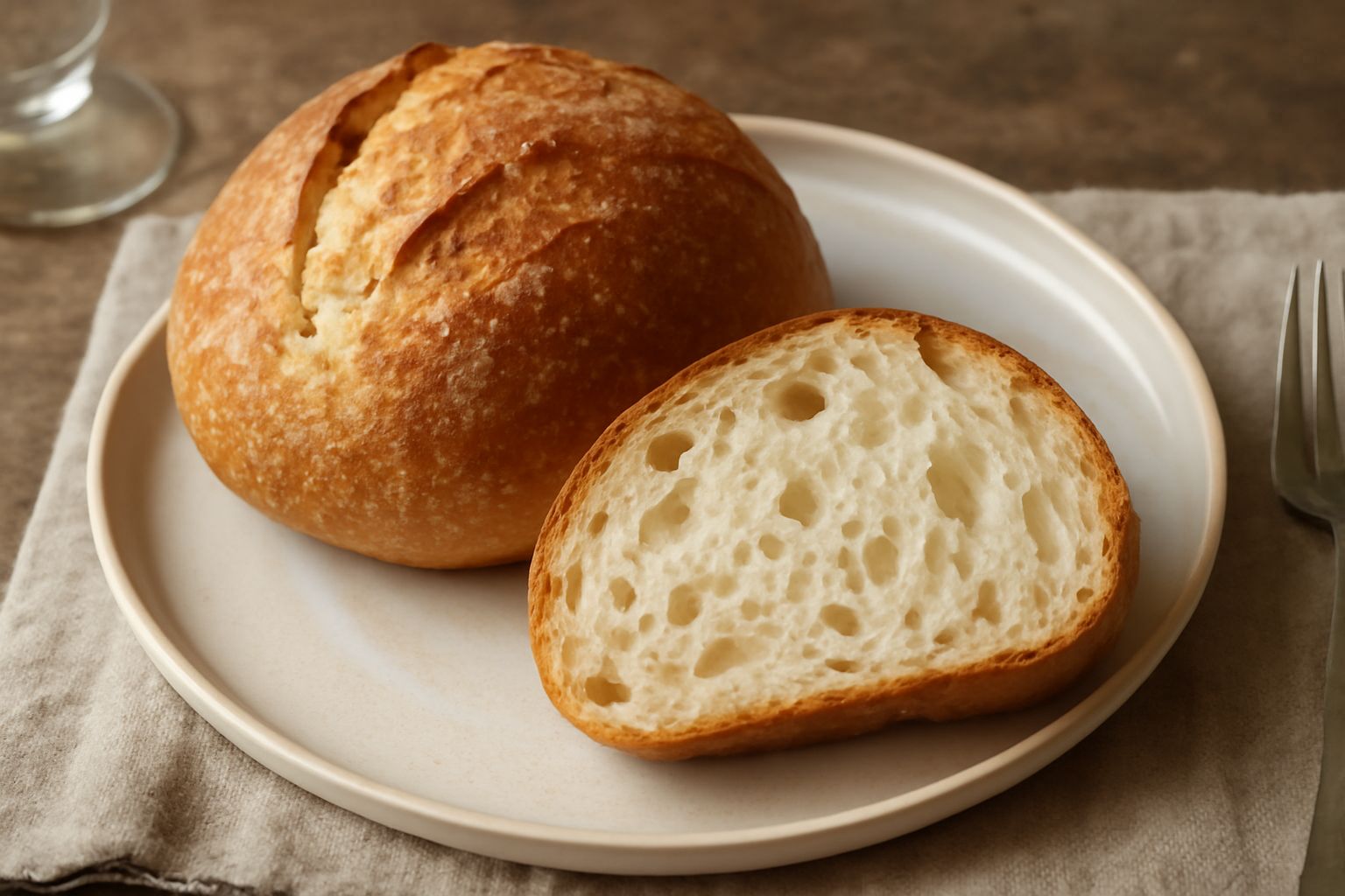 Pane friulano appena sfornato con crosta dorata e screpolature naturali, posizionato su un tavolo di legno con una fetta tagliata che mostra la mollica alveolata di colore bianco avorio
