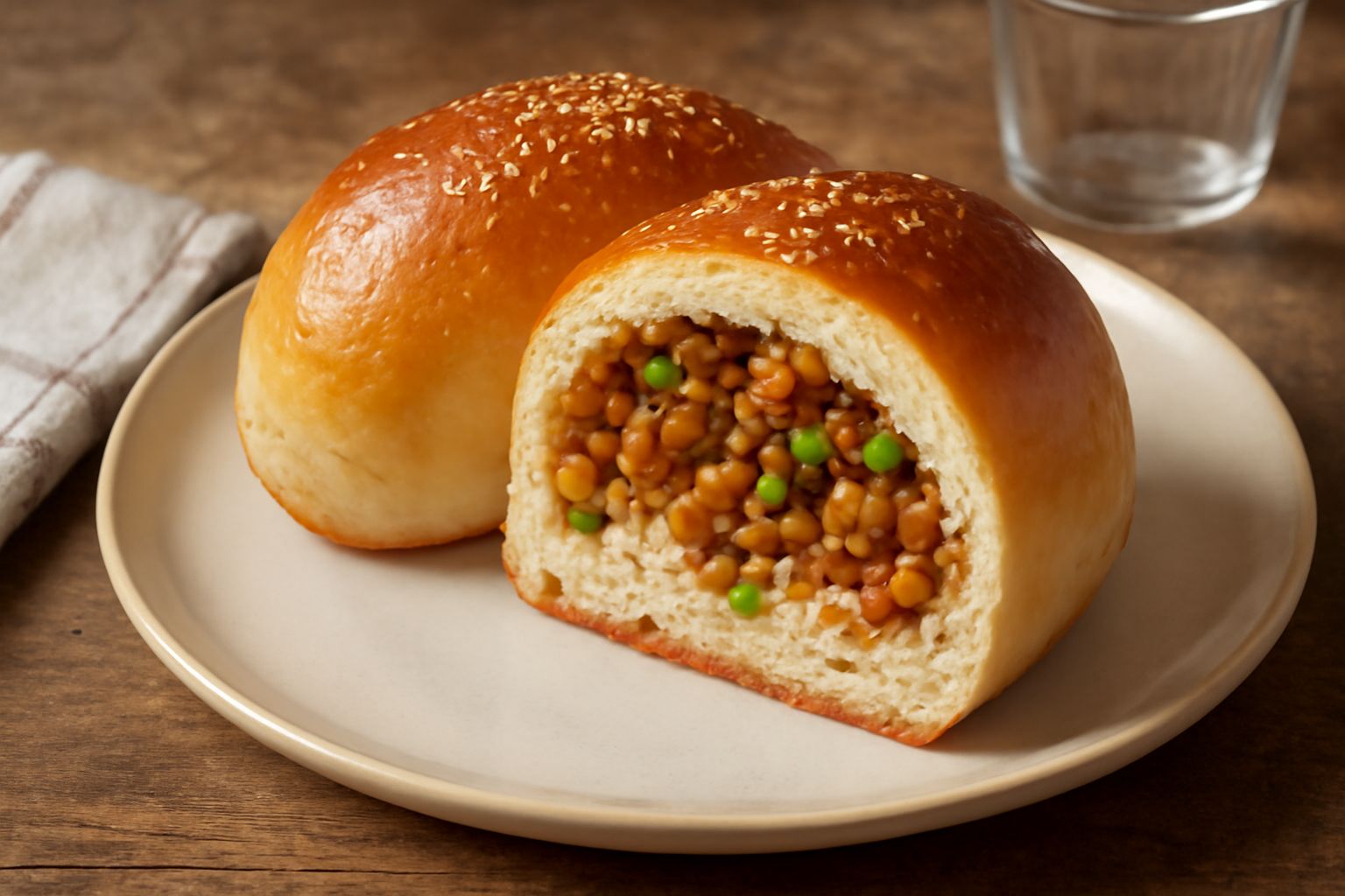 Bread roll agrigentino affettato che mostra il ripieno di ragù, riso e piselli al centro, pane dorato e morbido, servito su un piatto bianco
