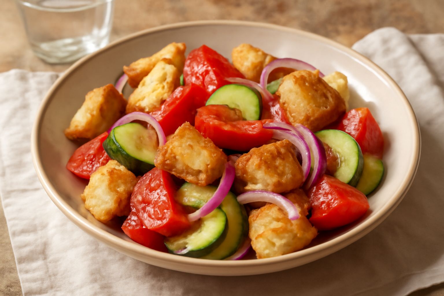Insalata di pane in una ciotola di ceramica bianca con cubetti di pane tostato dorato, pomodori rossi tagliati, cetrioli verdi e foglie di basilico fresco sparse in superficie, condimento lucido che b