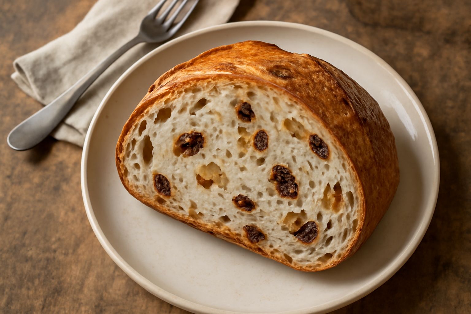 Pane ai fichi e noci affettato su un tagliere di legno, con fichi scuri e pezzi di noci visibili nella miga, crosta dorata, accompagnato da un coltello da pane.
