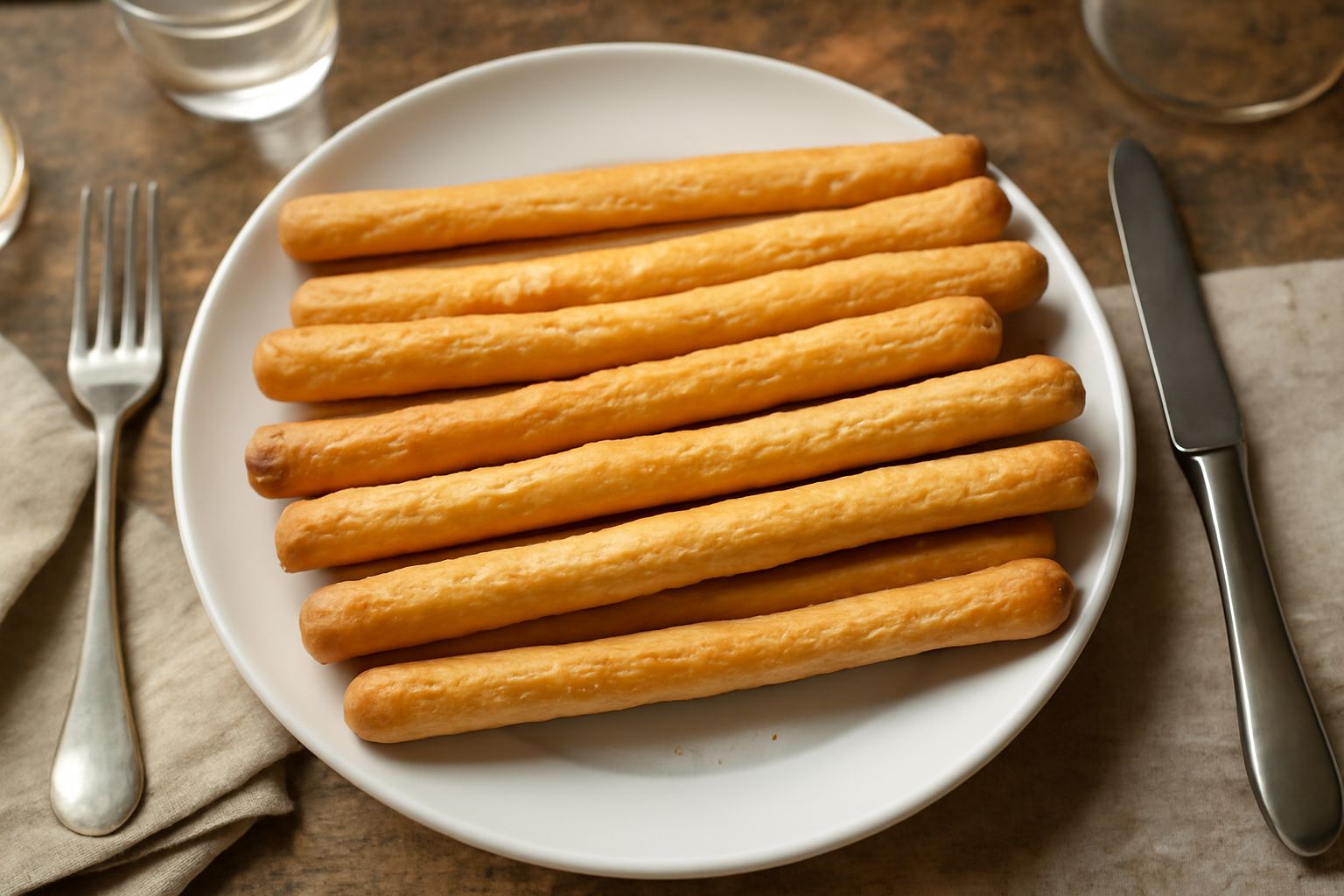 Breadstick color dorato disposti verticali in un cesto di vimini bianco, superficie salata e lievemente brillante, fondo sfocato con teglia da forno