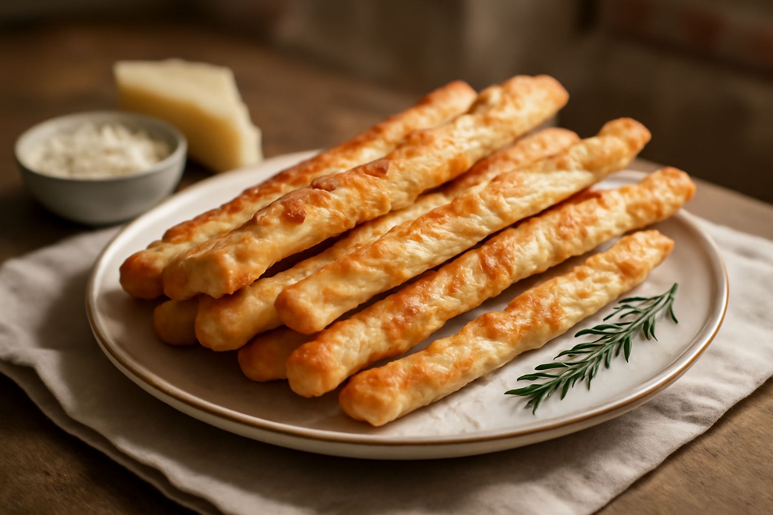 Breadsticks dorati e croccanti con formaggio fuso, poggiati su carta bianca con qualche granello di sale grosso visibile sulla superficie