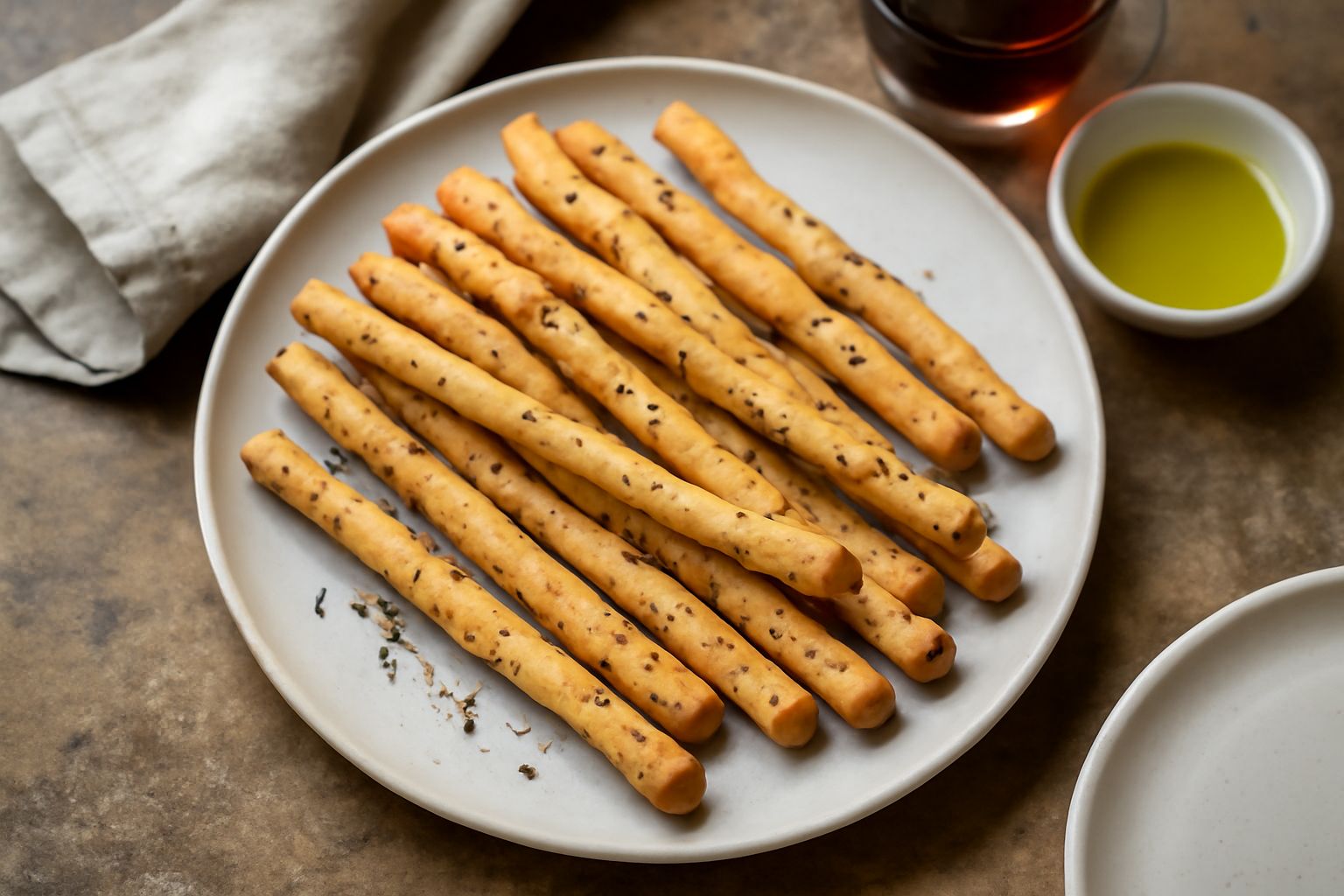 Breadsticks all'anice dorati e croccanti disposti in piedi su un piatto bianco, con semi di anice visibili sulla superficie, sfondo neutro
