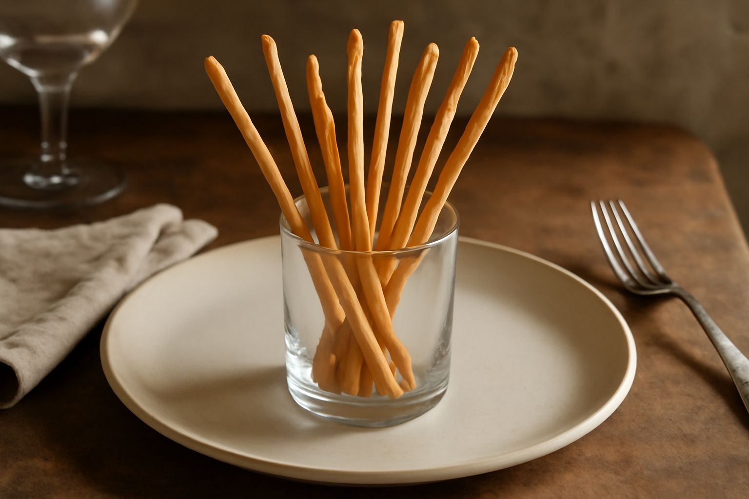Breadsticks torinesi dorati e croccanti disposti verticalmente in un bicchiere alto, lunghi circa 20 centimetri e spessi pochi millimetri, con superficie leggermente irregolare e colore marrone chiaro