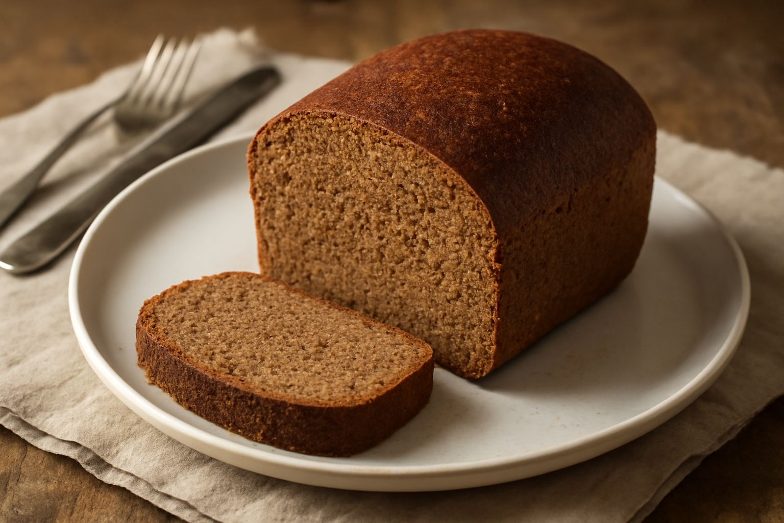 Pane «brenin» affettato su un tagliere di legno, crosta scura e crumb denso color marrone, semi visibili sulla superficie, accanto a un barattolo di miele e spighe di grano
