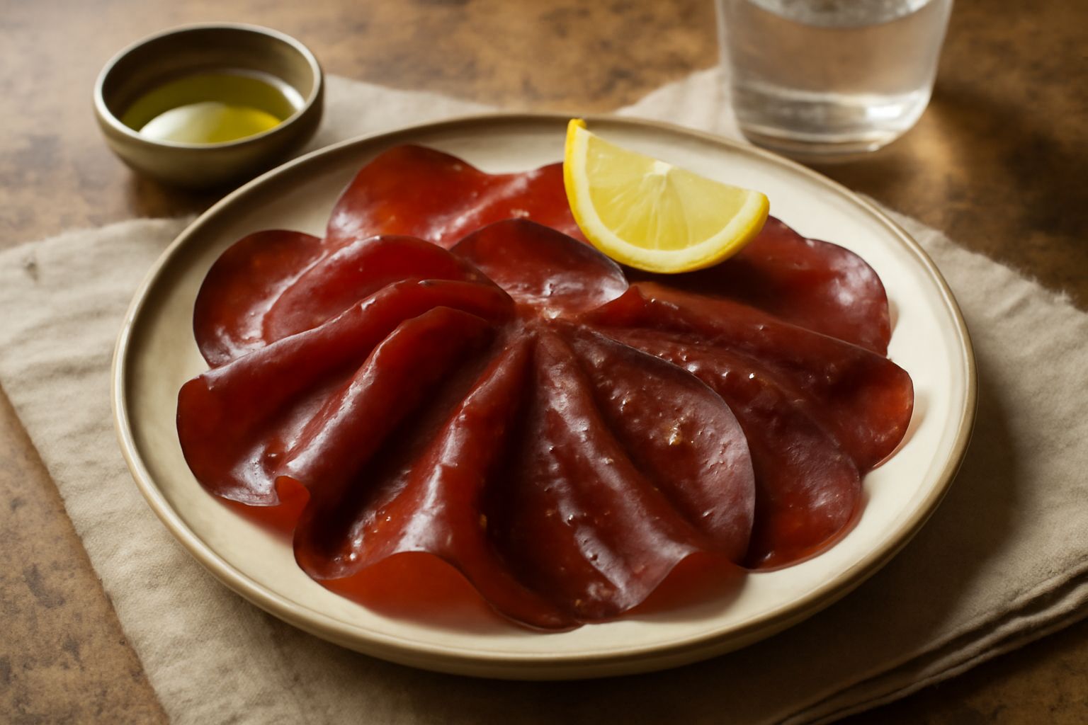 Fette sottili di bresaola dal colore rosso scuro dispose a ventaglio su un piatto bianco, condite con un filo di olio dorato e una spruzzata di limone fresco, con il prezzemolo pezzato sullo sfondo