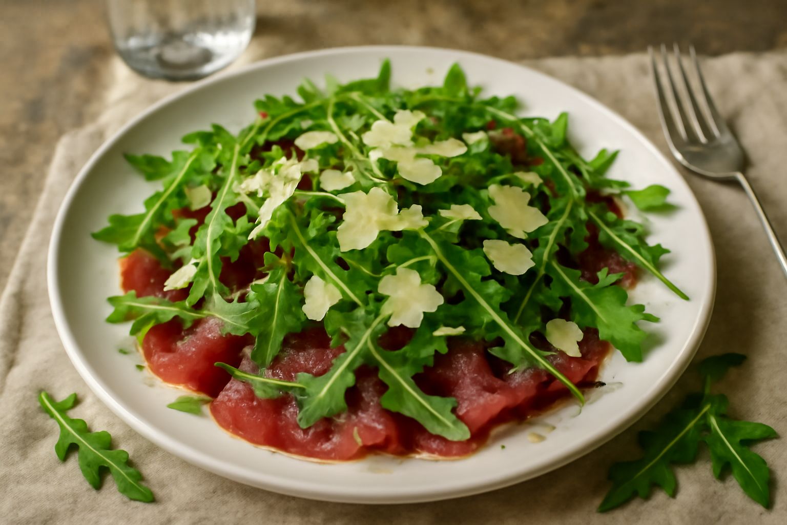 Piatto bianco con bresaola affettata sottile color rosso bruno, rucola verde brillante sparsa sopra, scaglie di parmigiano bianche, gocce di olio d'oliva dorato e spicchi di limone ai lati
