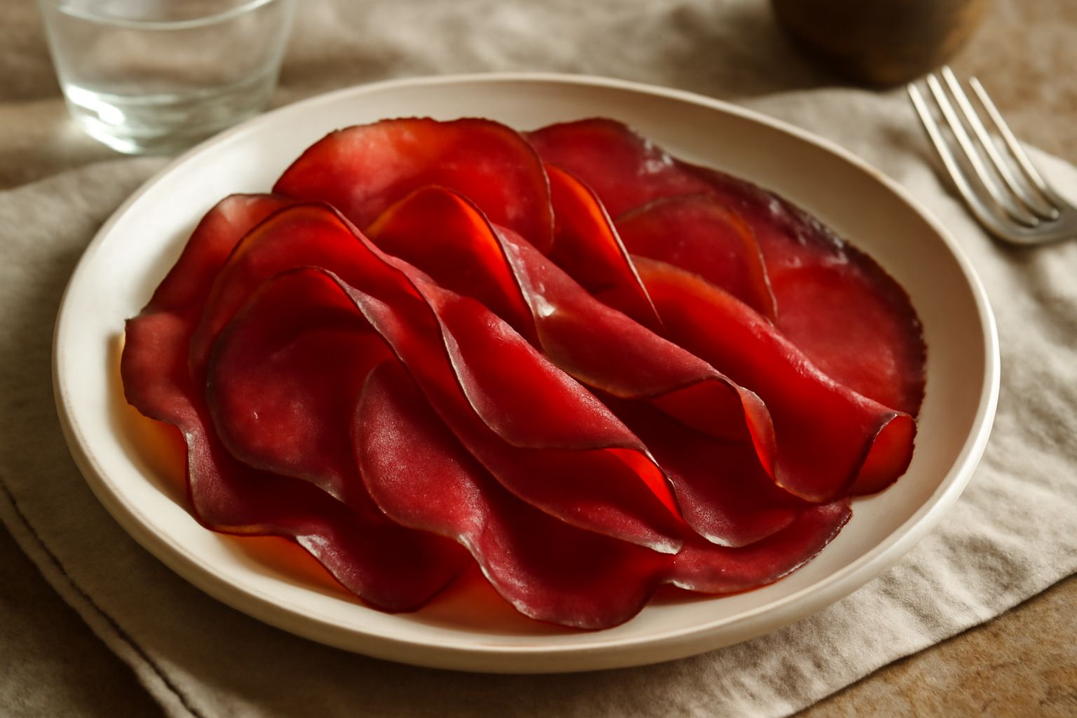 Fette sottili di bresaola dell'Adige di colore rosso scuro, leggermente affumicate, disposte a ventaglio su un piatto bianco con limone fresco tagliato a spicchi e olio d'oliva in gocce ai margini