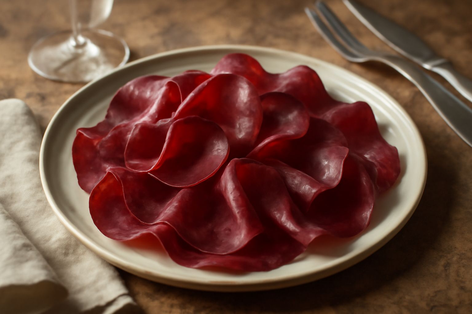 Fette sottili di bresaola di colore rosso scuro piegate su un piatto bianco, cosparse di olio extravergine dorato e gocce di limone fresco, con un rametto di rosmarino