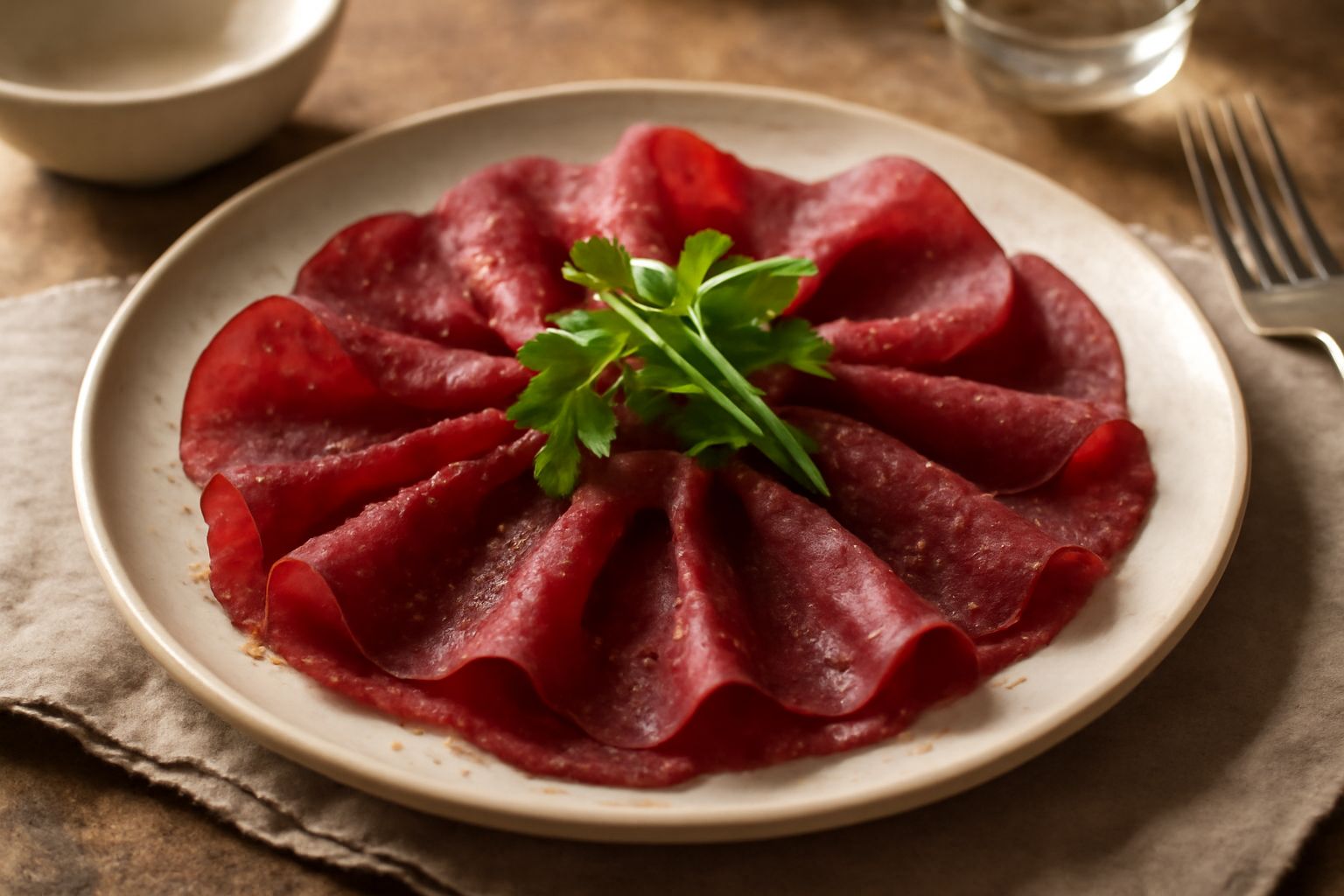 Bresaola di Lombardia affettata sottile disposta a ventaglio su piatto bianco, colore rosso scuro intenso, servita con limone fresco e pane tostato ai lati