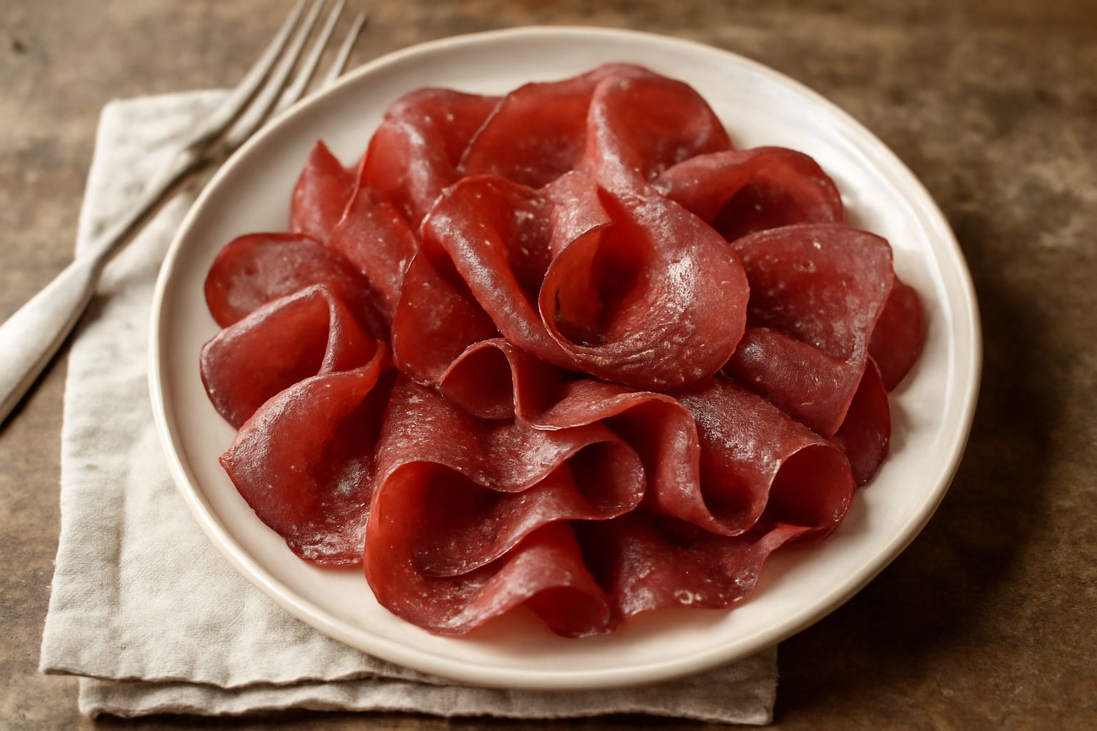 Fette sottili di bresaola di Modena dal colore rosso scuro, leggermente arricciate, disposte a ventaglio su un piatto bianco con gocce di olio extravergine e una fettina di limone giallo