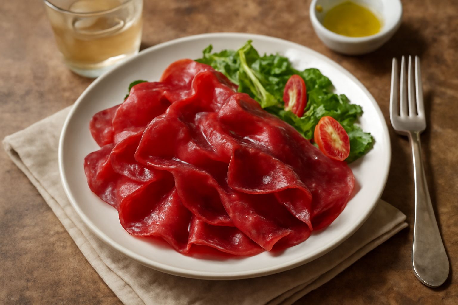 Fette di bresaola di Modena rosso scuro affettate sottili su un piatto bianco, con gocce di olio d'oliva e pepe nero, accanto pane tostato