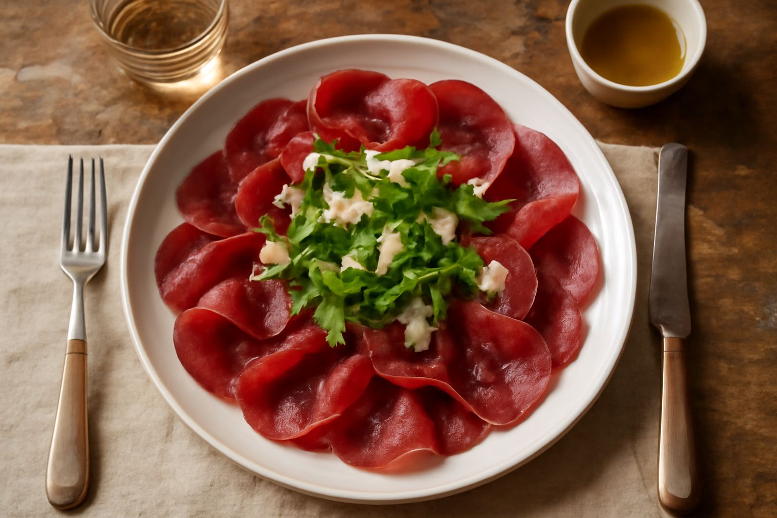 Fette sottili di bresaola rossa cupo disposte a ventaglio su piatto bianco, condite con olio d'oliva verde smeraldo e gocce di limone fresco, decorate con pepe nero appena macinato
