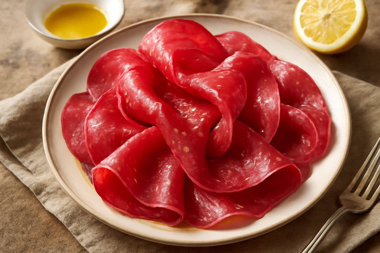 Fette sottili di bresaola trentina rosa scuro disposte a ventaglio su piatto bianco, condite con gocce di olio d'oliva verde chiaro e una spruzzata di pepe nero macinato fresco