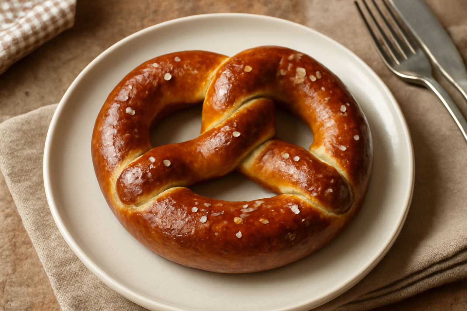 Tre bretzel dorati e lucidi su carta da forno, con cristalli di sale grosso sulla superficie, calore ancora visibile dalla crosta tostata, contorno di pane di segale scuro