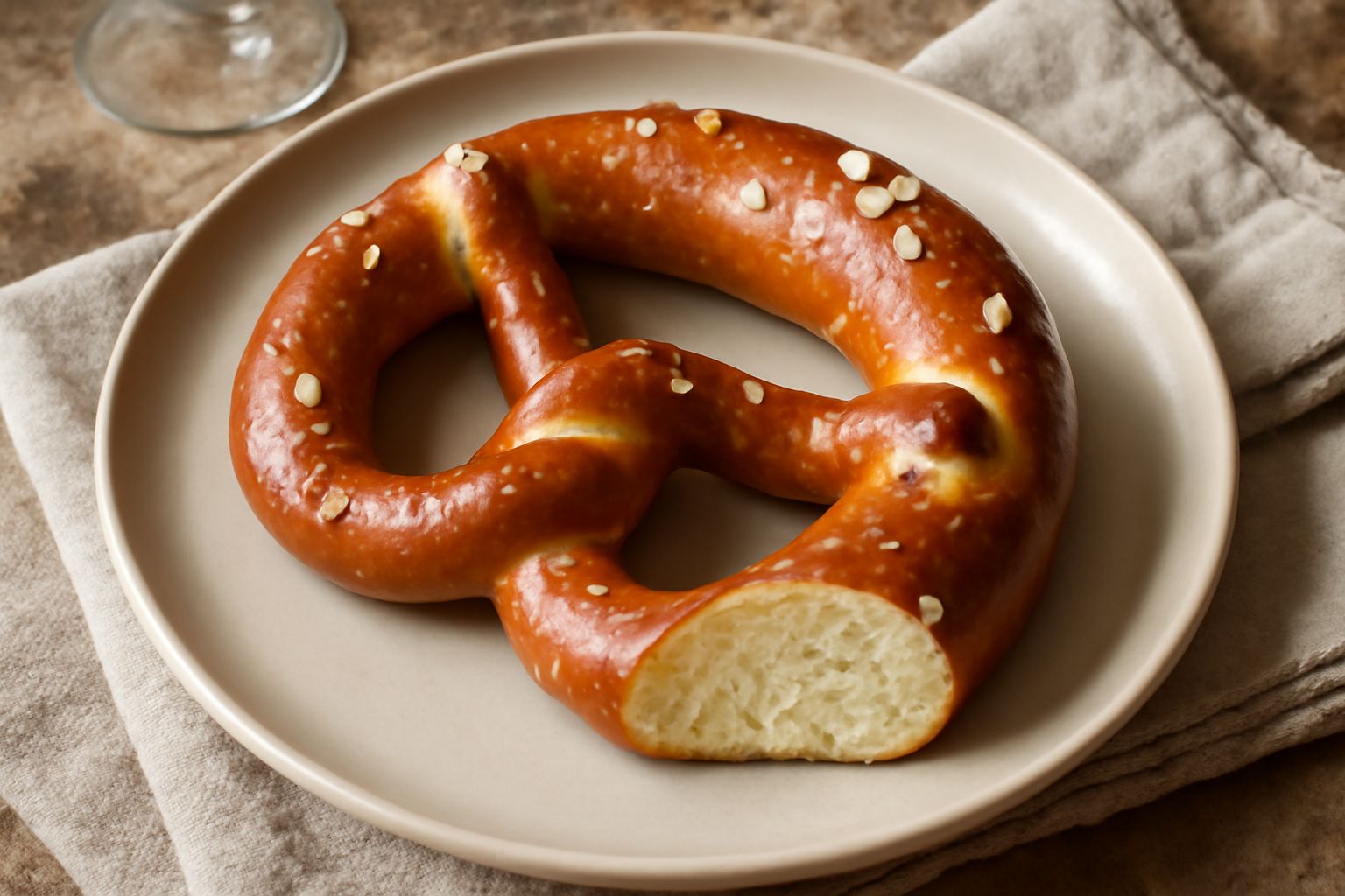 Tre bretzel altoatesini disposti su una tovaglia di lino bianca, crosta dorata lucida con cristalli di sale grosso visibili, forma a nodo intrecciato perfetto, vapore leggero ancora visibile, sfondo d