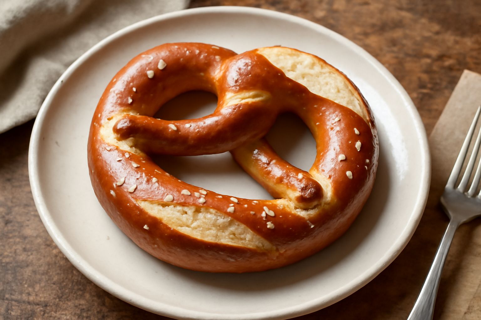 Tre bretzel salati color marrone dorato con pretzel dal nodo classico, cristalli di sale marino grosso sparsi sulla crosta liscia e brillante, disposti su una carta bianca da forno
