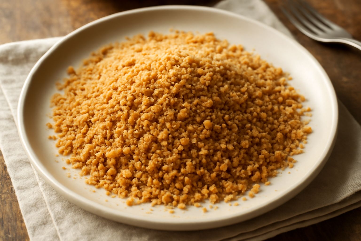 Briciole di pane tostato dorate e croccanti sparse su un piatto bianco, con uno sfondo di un pezzo di pane raffermo integrale e un barattolo di vetro con il contenitore pieno