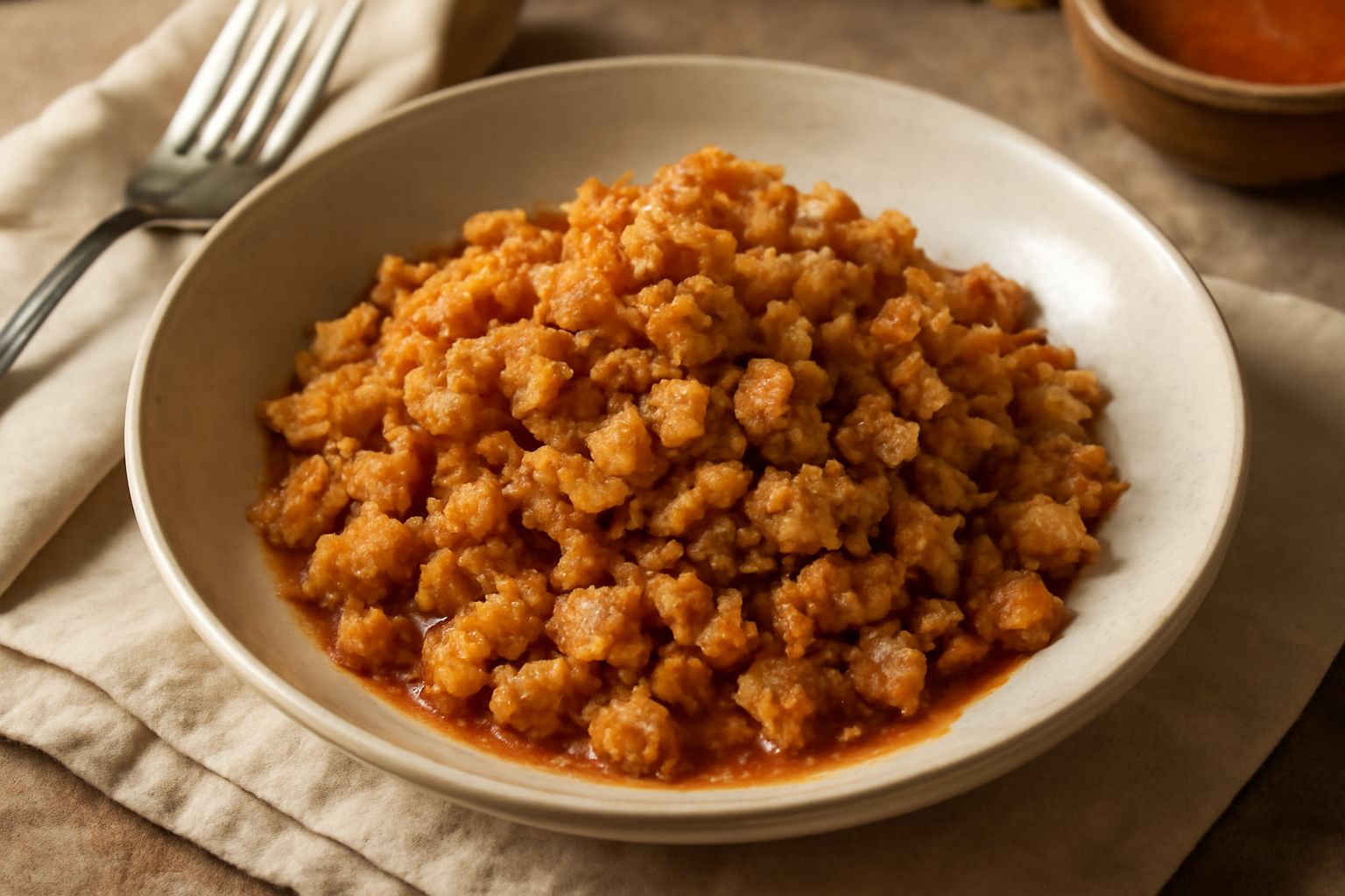 Briciole di pane tostato dorate e croccanti in una ciotola bianca, bagnate con salsa marrone densa, cosparse di prezzemolo fresco verde, con cucchiaio di legno accanto