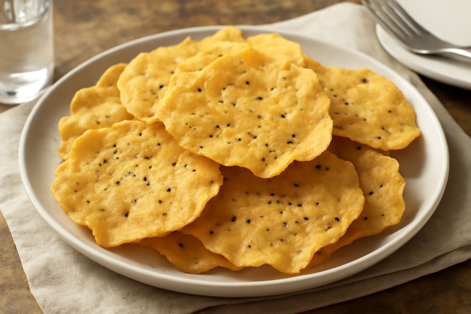 Brigidini appena sfornati, dorati e croccanti, disposti su carta da forno. Forma irregolare e ondulata, colore marrone chiaro uniforme, visibili i semi di anice sulla superficie. Sullo sfondo una ciot
