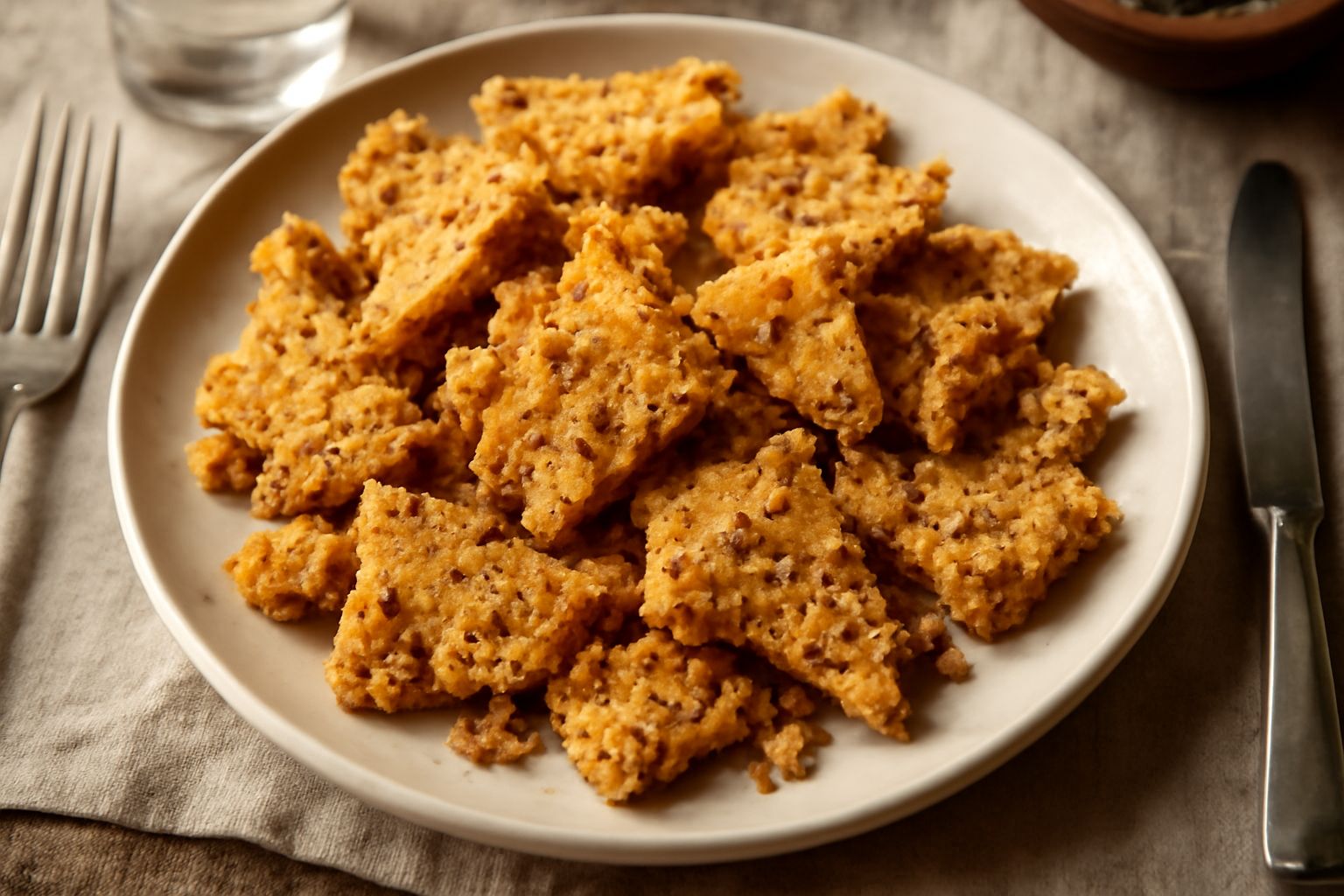 Brindellone dorato e croccante su piatto bianco, pezzi irregolari fragranti con frammenti di noce visibili, superficie ruvida e luccicante di miele