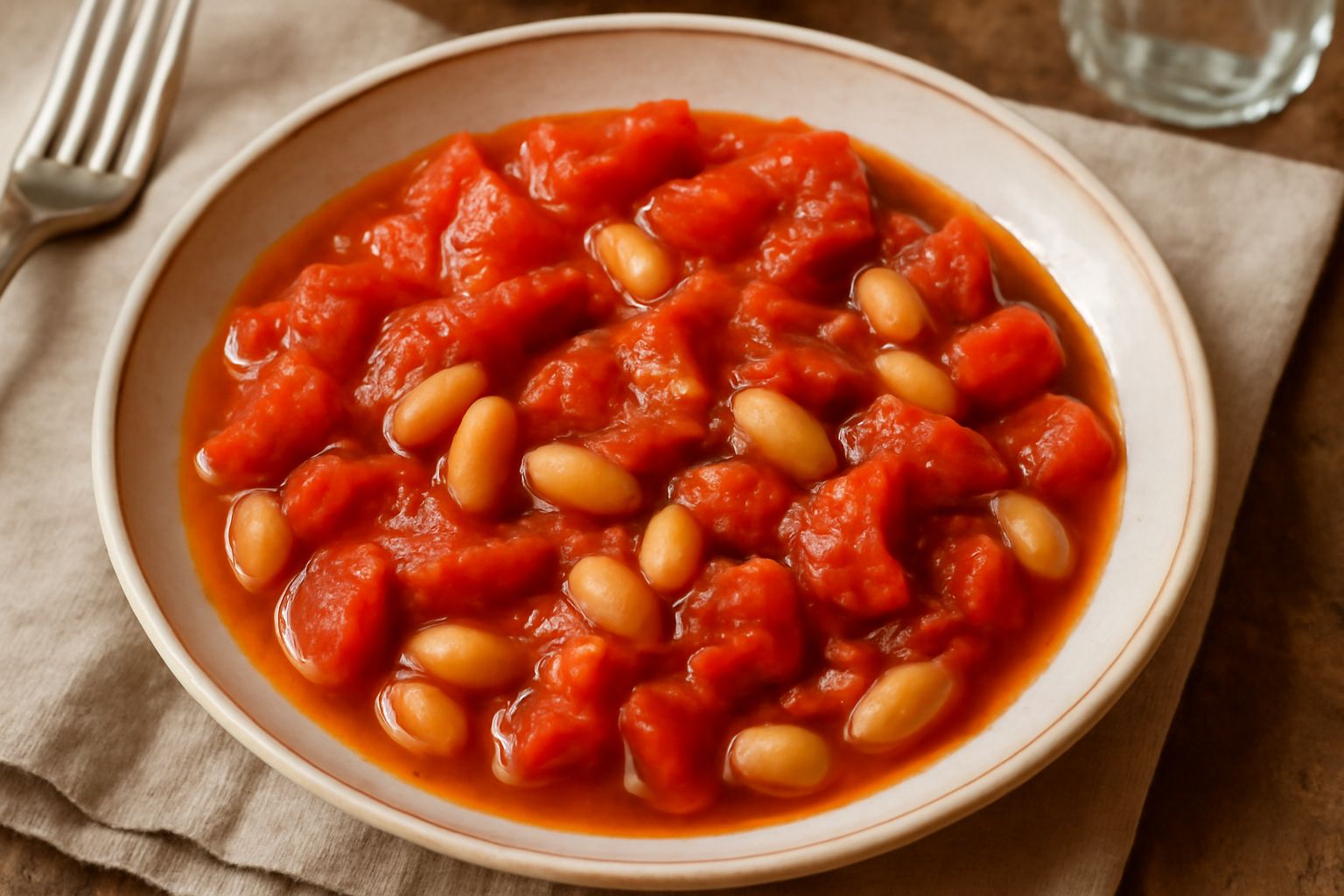 Ciotola di ceramica con Brindisino Rosso: pomodori rossi tagliati, fagioli cannellini bianchi e crema rossa, contorno di prezzemolo fresco verde, su fondo di legno chiaro con bottiglia d'olio d'oliva