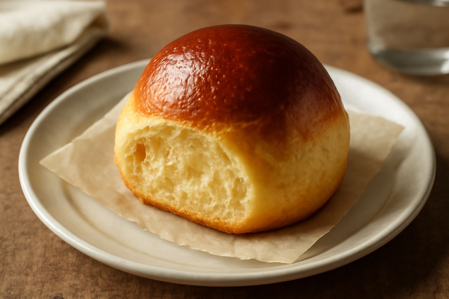 Tre brioche dorate appena sfornate, con superficie lucida e uniforme, posate su una gratella di raffreddamento con una tazza di caffè bianco sullo sfondo