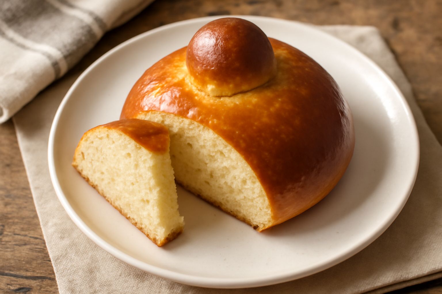 Tre brioches col tuppo dorate e lucide appoggiate su un piatto di porcellana bianca, con il caratteristico nodo di pasta in rilievo, sfondo di lino beige