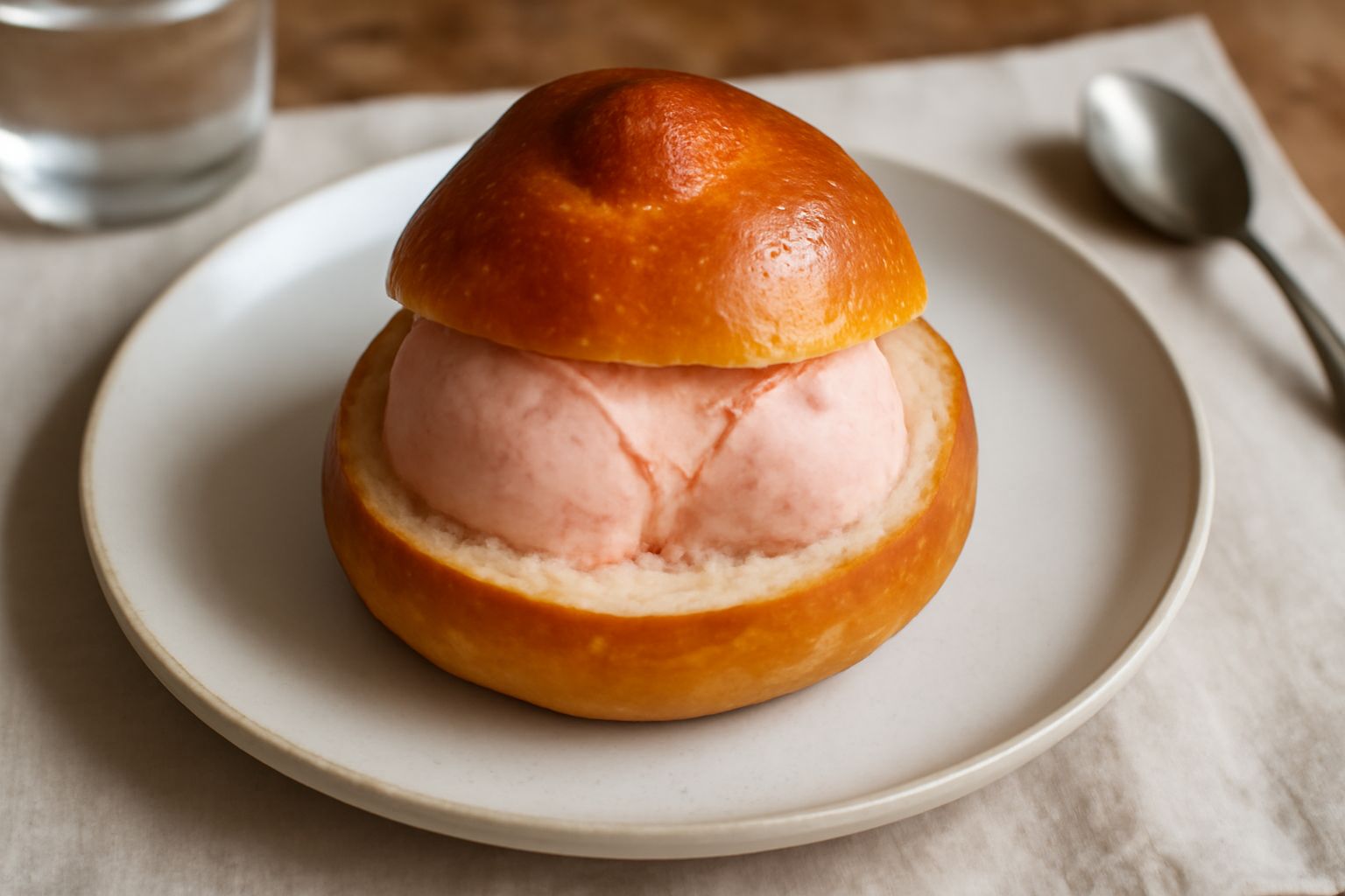 Brioche tonda e dorata tagliata a metà, riempita di gelato cremoso ai gusti vaniglia e cioccolato, servita in piatto bianco con gocce di melassa e brioche intera accanto