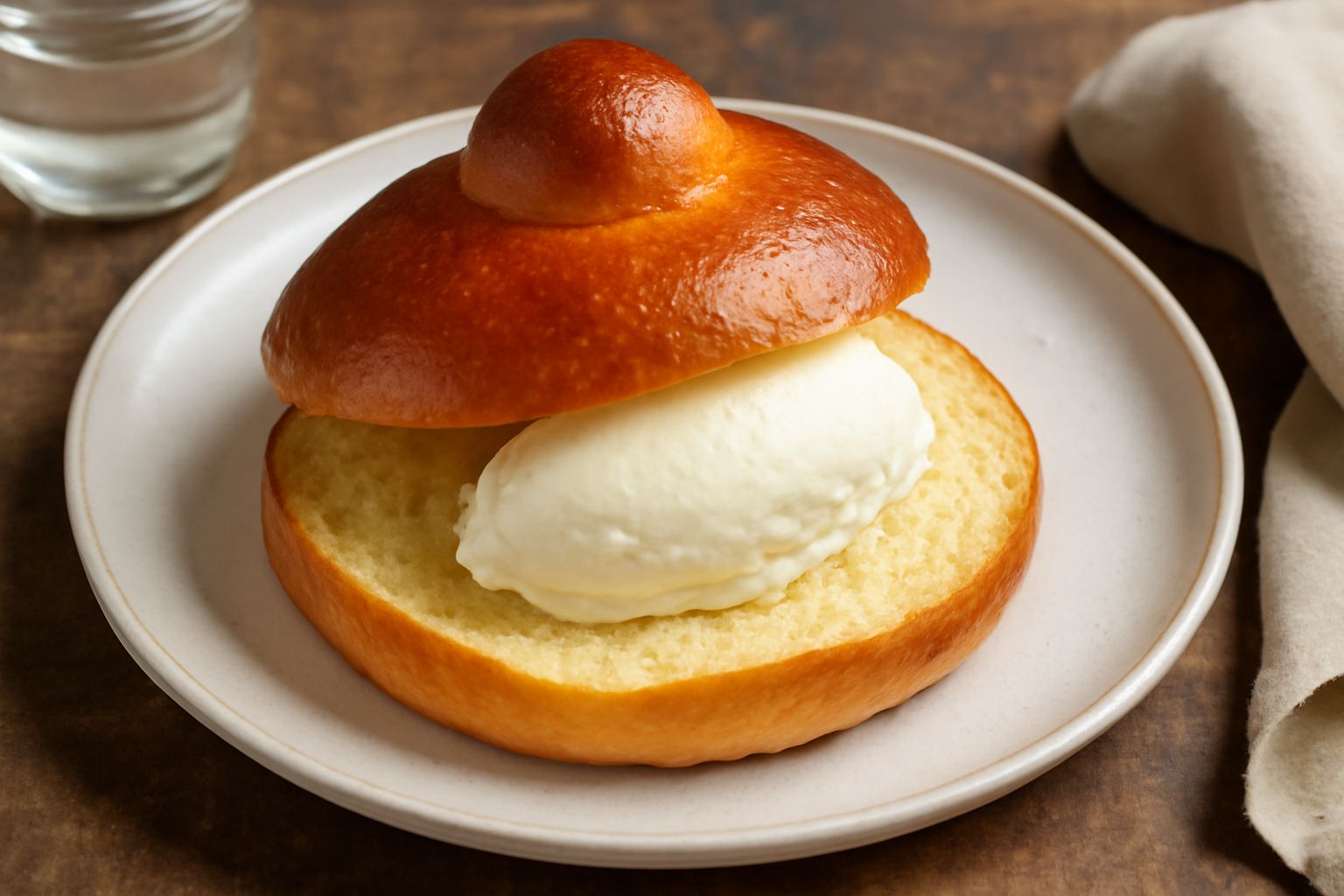 Brioche dorata spaccata orizzontalmente con dentro una generosa porzione di gelato bianco panna, su un piatto bianco con fondo sfocato di mare e sole estivo