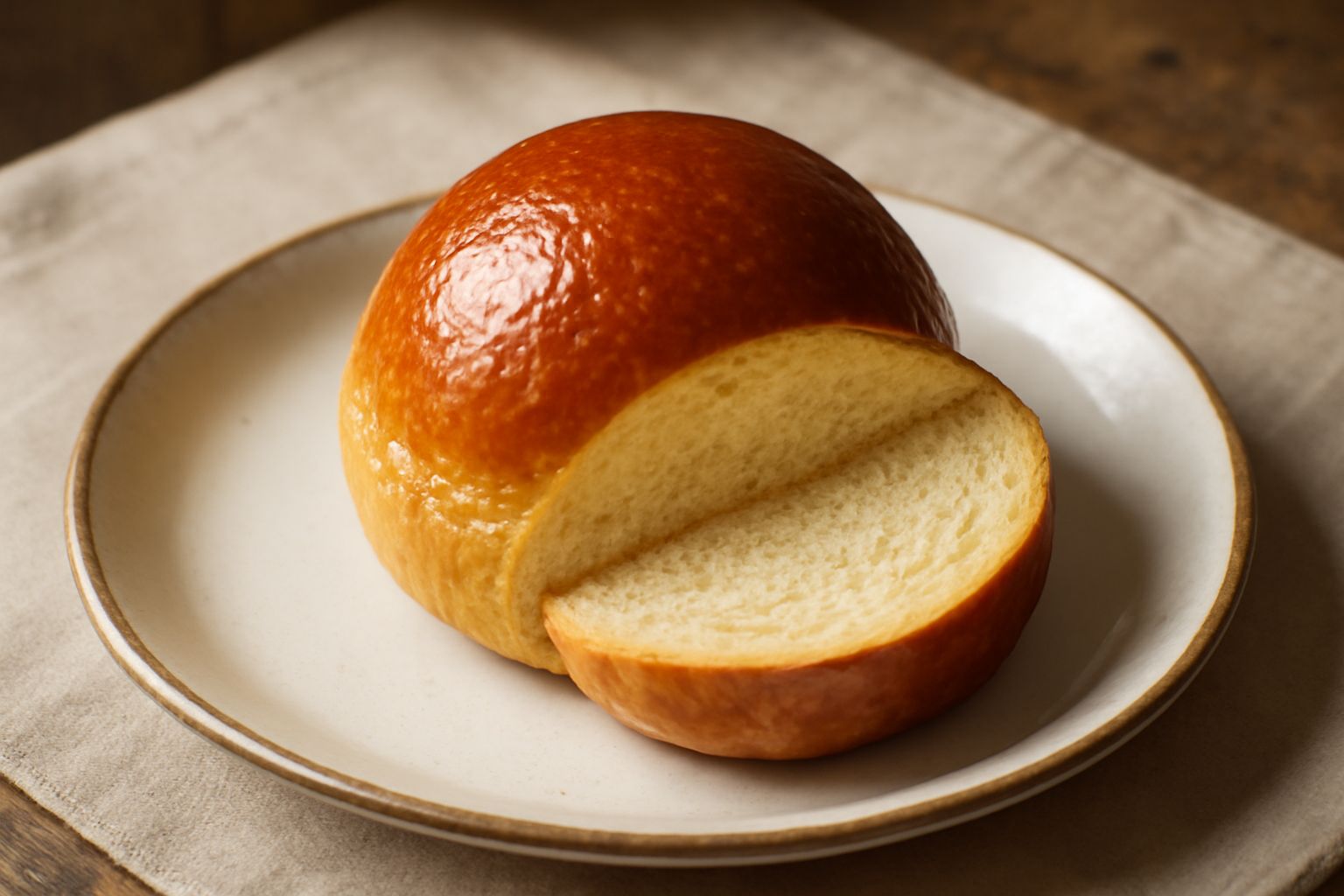 Brioche dolce dorata appena sfornata, con superficie lucida e leggermente gonfia, servita su un piatto bianco con una tazza di caffè sfocata sullo sfondo