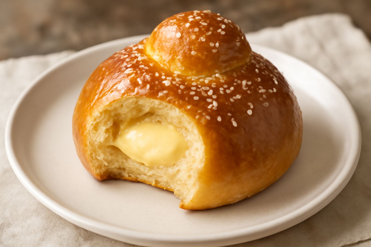 Brioscia genovese dorata su piatto bianco, spezzata a metà per mostrare la morbidezza interna e il ripieno di crema, con cristalli di zucchero sulla superficie e pinoli visibili nel taglio