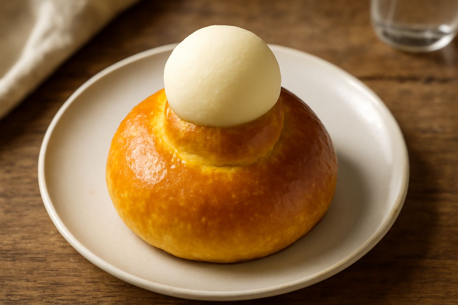 Brioche messinese appena servita in un piatto bianco: pane dolce dorato e soffice con una pallina di granita al gelato bianca in cima, vapore leggero, caffè espresso accanto