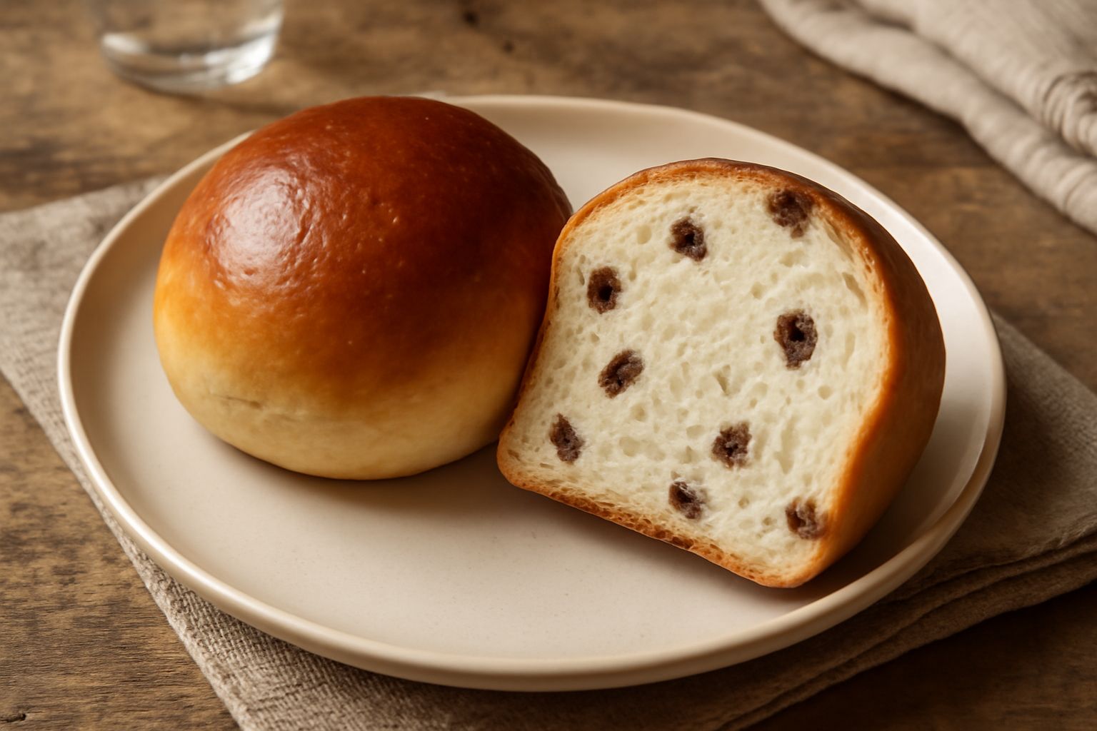 Brioche piemontese dorata e soffice tagliata a fette, con uvetta visibile all'interno, servita su un piatto bianco con una tazza di caffè accanto