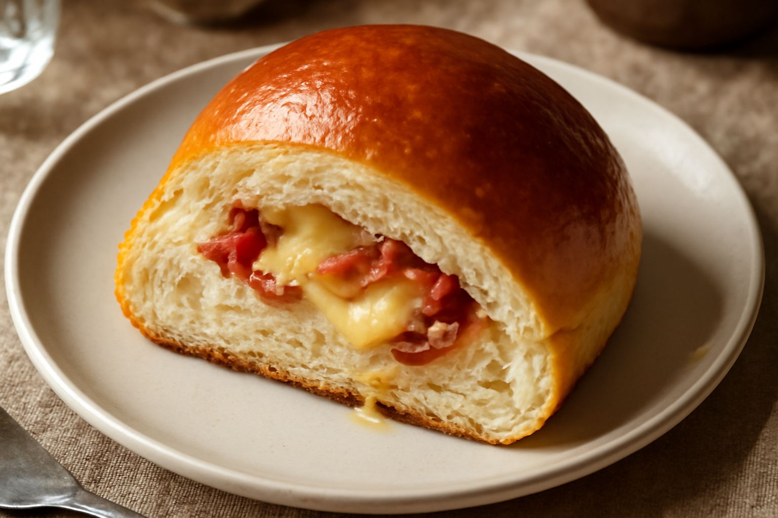 Brioche salata appena sfornata, di color dorato con crosta lucida, tagliata a metà per mostrare il ripieno di formaggio e speck, impiattata su un piatto bianco con una tazza di caffè accanto e briciol