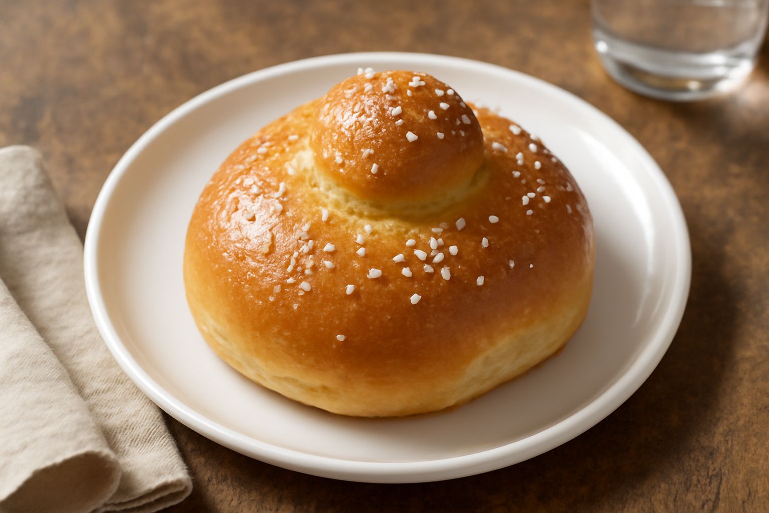Brioche siciliana dorata divisa a metà, con crema di latte e granella di zucchero, su piatto bianco con colazione accanto