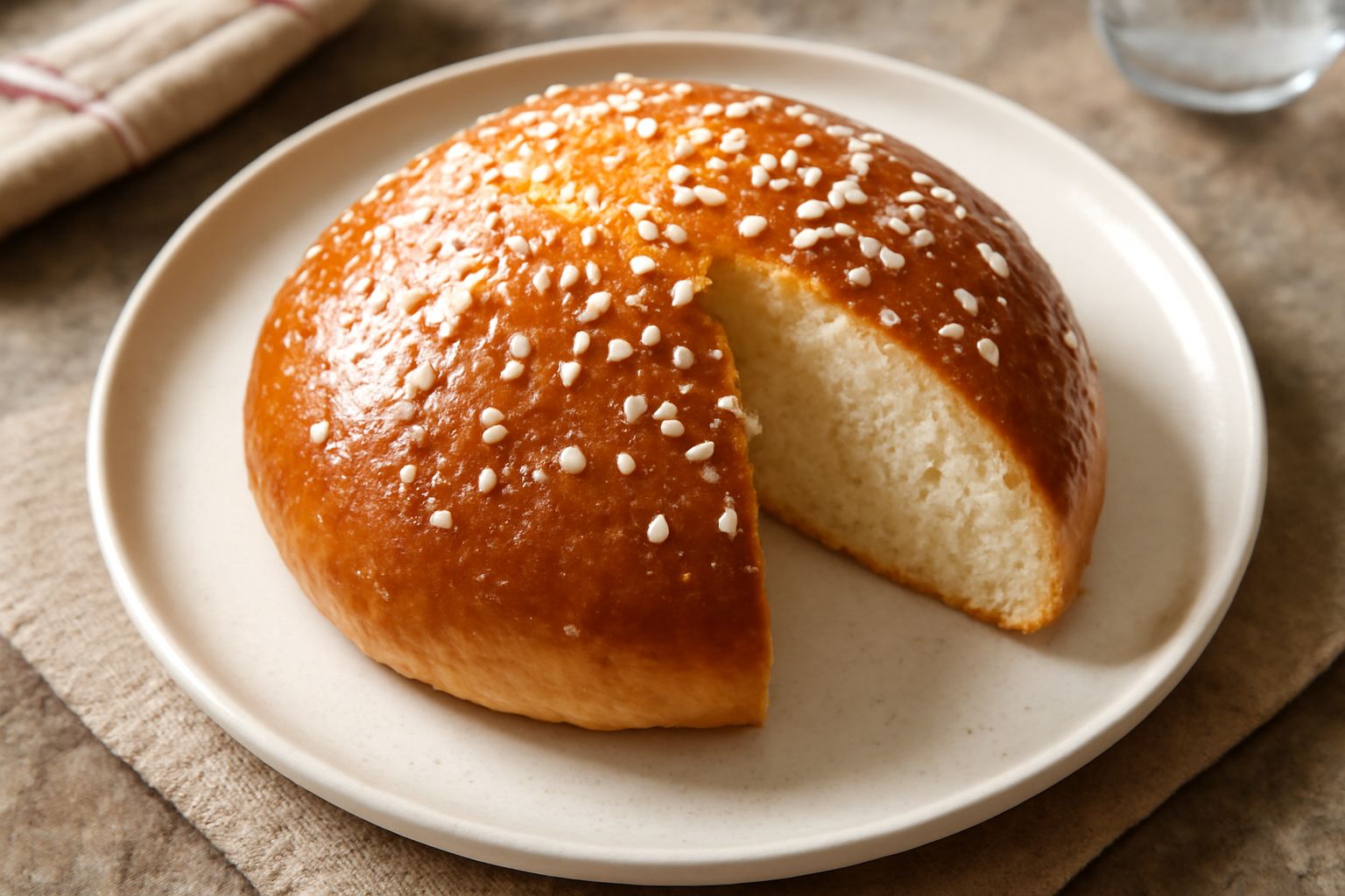 Brioche sorrentina dorata con granella di zucchero in primo piano, tagliata a metà per mostrare la mollica soffice e bianca all'interno, su piatto bianco con fondo chiaro