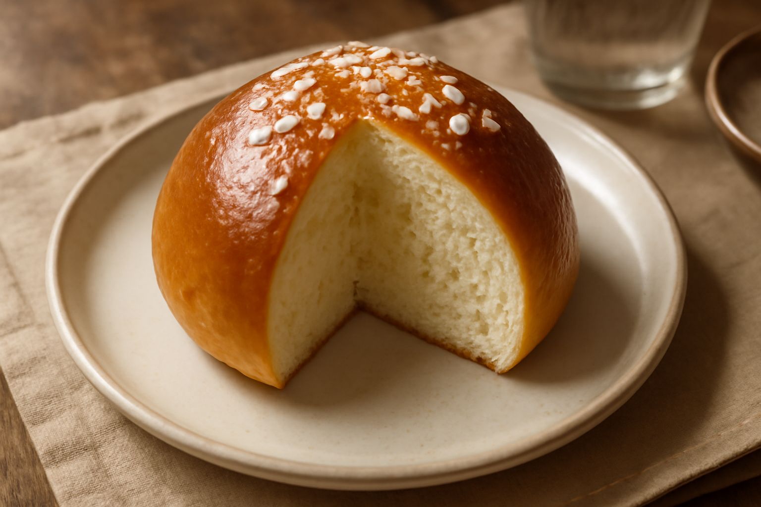 Una brioche veneta intera e una a metà su un piatto bianco, con pasta dorata morbida, superficie lucida, canditi colorati sparsi sulla parte superiore, accanto una tazza di caffellatte
