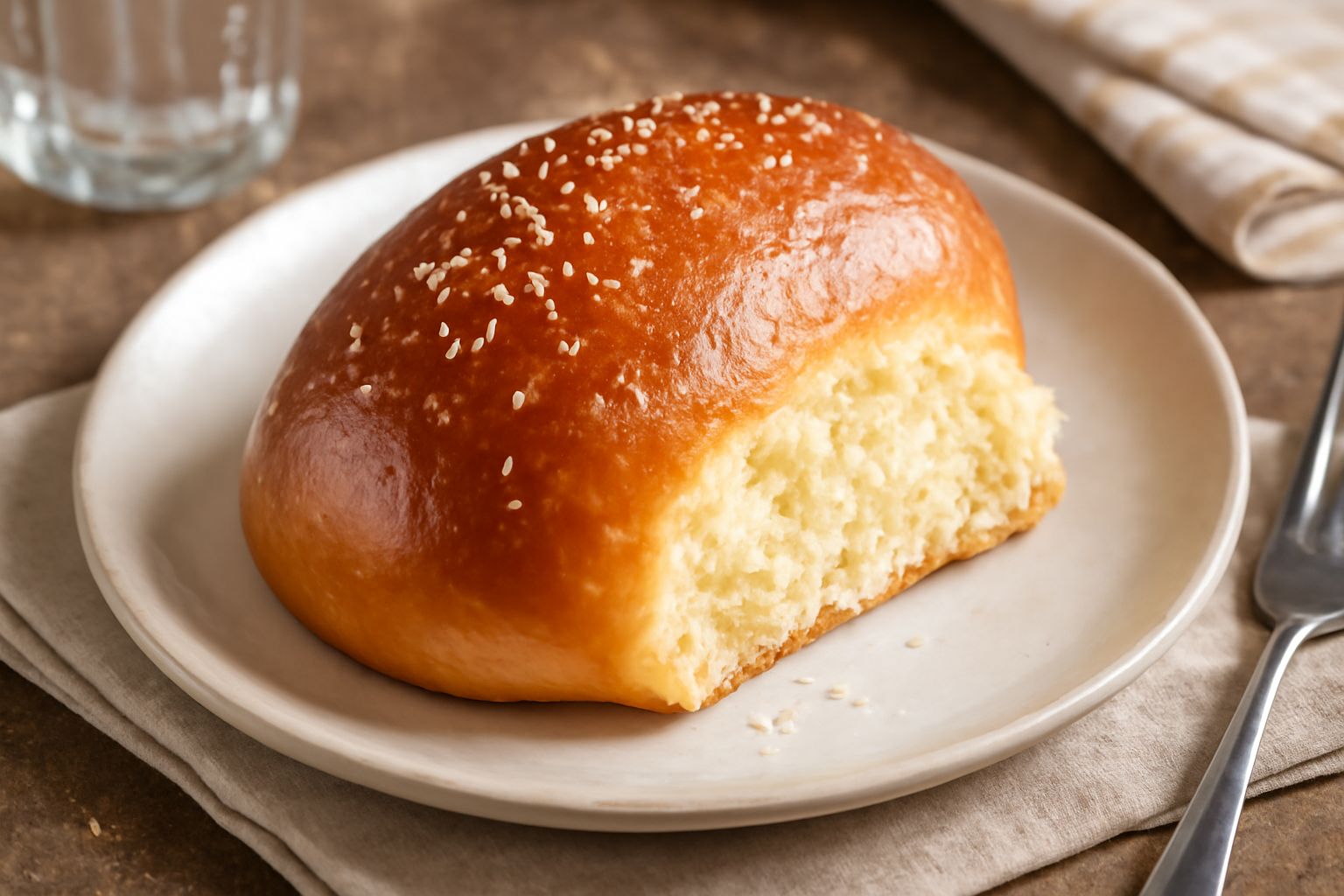Tre brioches dorate e lucide appoggiate su una teglia di carta forno, dalla forma ovale bombata, con glassa di tuorlo d'uovo brillante e zollette di zucchero sulla cima