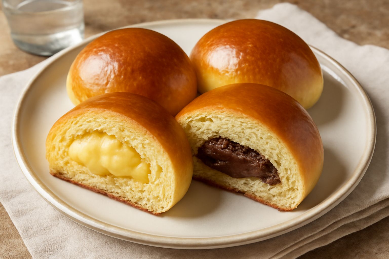 Tre brioches ripiene dorate e lucide, tagliate a metà per mostrare il ripieno cremoso interno, poggiate su un piatto bianco con carta da forno