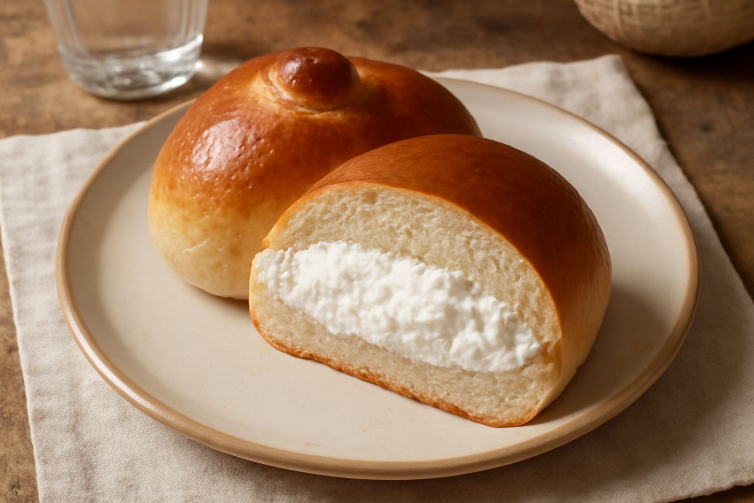 Briosccia ca' ncipu tagliata a metà su un piatto bianco: esterno dorato e croccante, interno bianco cremoso di ricotta zuccherata, vista laterale