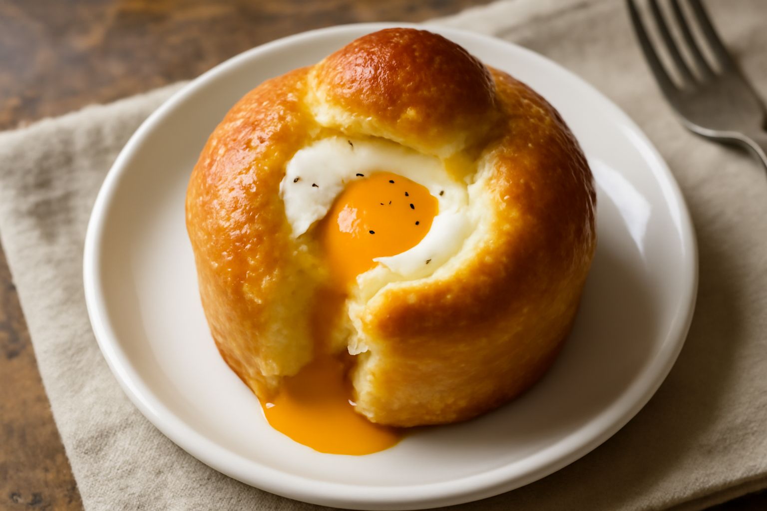 Brioscia dorata con uovo cotto al suo interno, servita in un piattino bianco, con il rosso dell'uovo visibile e la brioche croccante in superficie, accanto una tazza di caffè