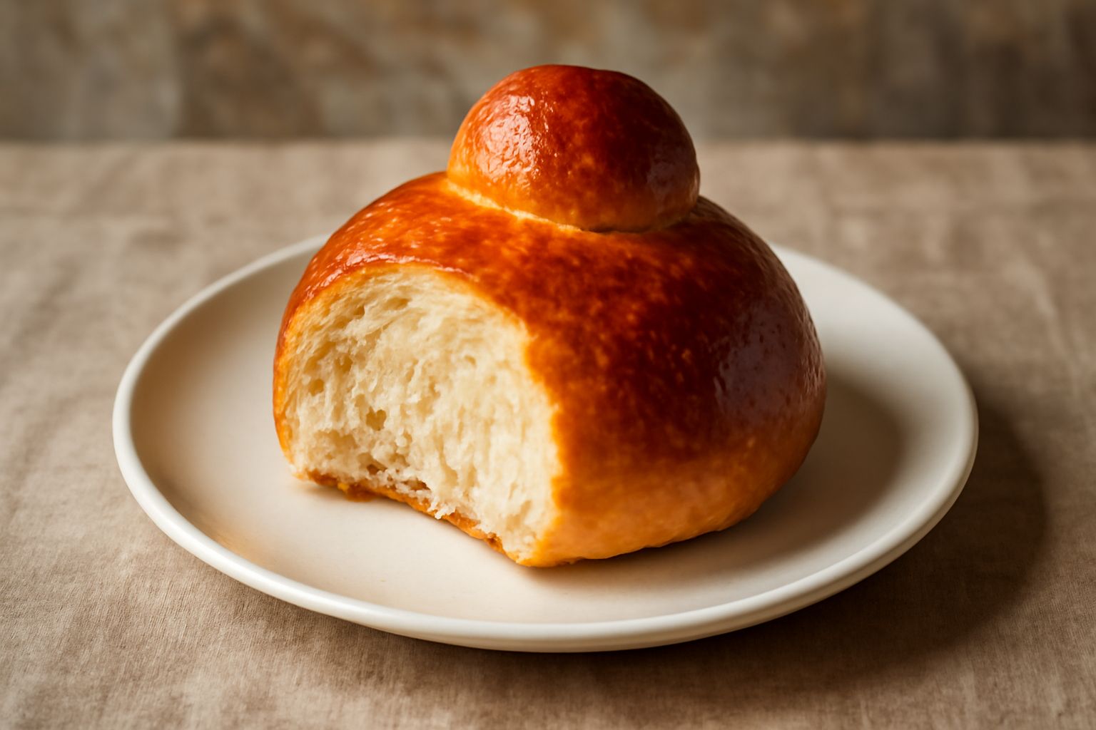 Brioscia dolce dorata e lucida su un piatto bianco, con superficie liscia e brillante, tagliata a metà che mostra una miga bianca, soffice e regolare, accompagnata da una tazza di caffè in sottofondo