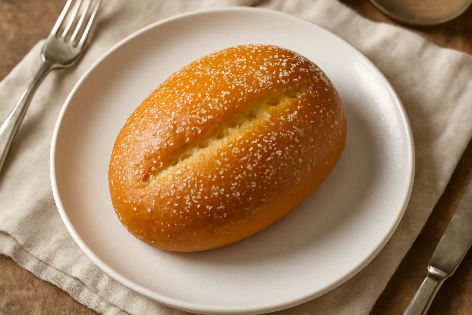 Brioscia reggina dorata e lucida ricoperta di zucchero semolato su piatto bianco, spaccata a metà mostrando l'interno morbido e stratificato, accanto a una tazza di caffè bianco