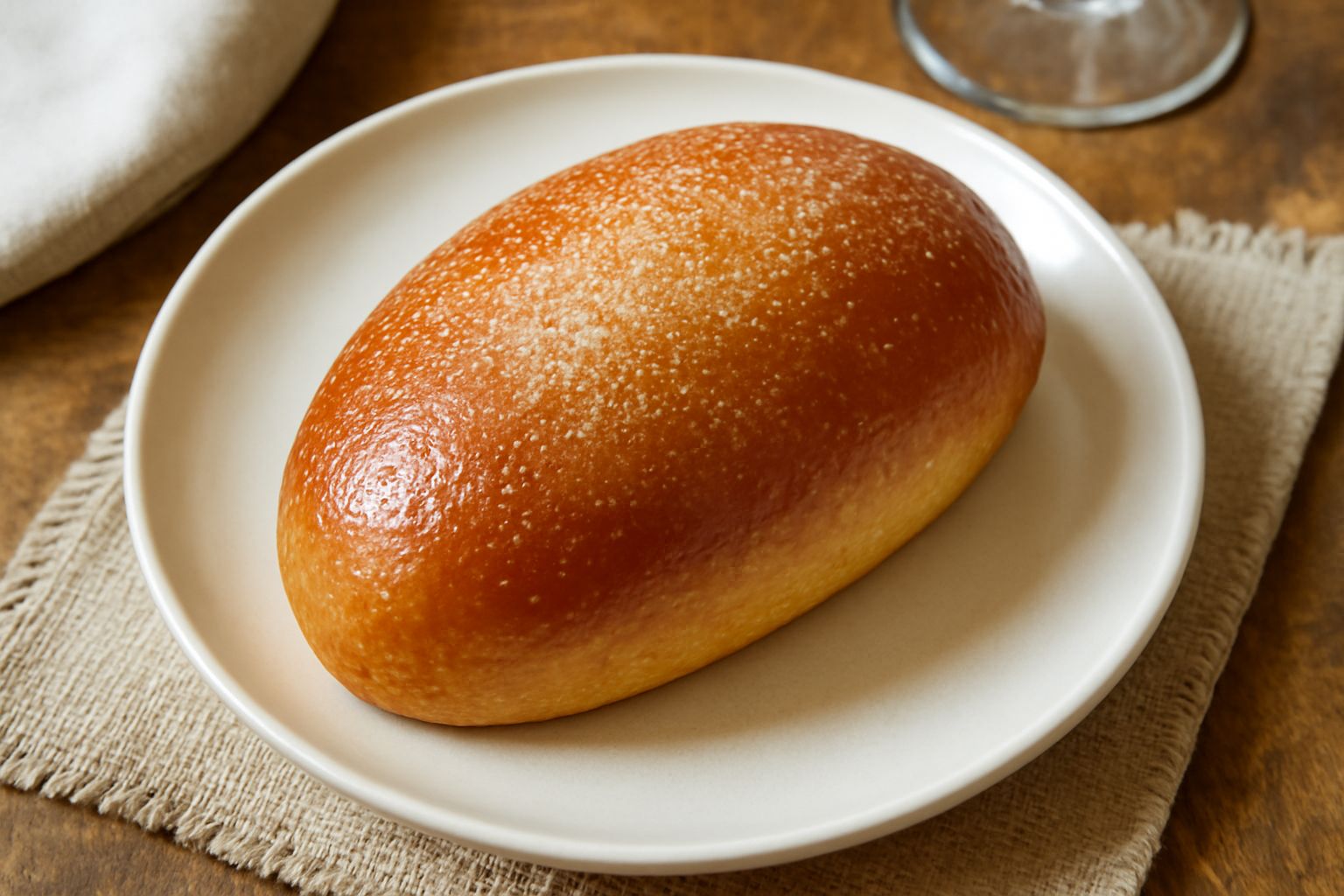 Briosciula appena sfornata, dorata e lucida, posata su una gratella, con la tipica forma di panetto ovale con cristalli di zucchero sulla superficie. Sfondo bianco.