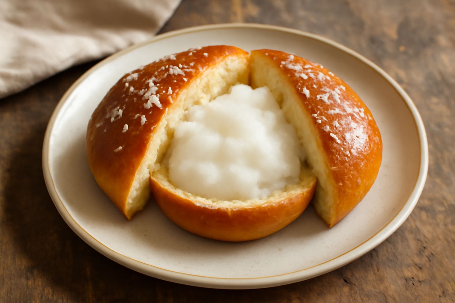 Briosciula appena spaccata in due mostra il ripieno cremoso di granita al caffè, posta nel piatto bianco accanto a una tazza di caffè caldo, con briciole di pan di zucchero sulla superficie