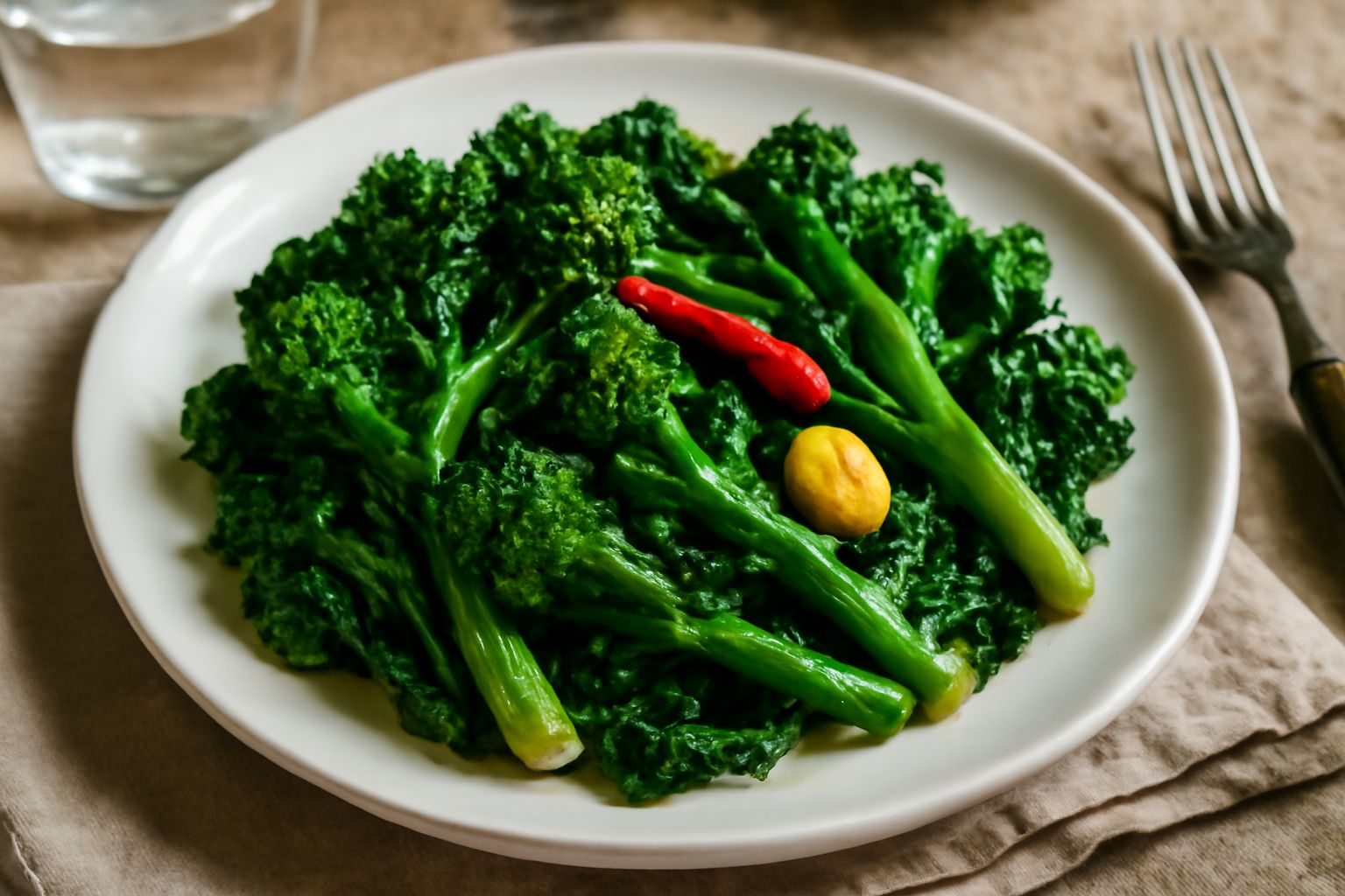 Broccoletti di rapa saltati in padella, di colore verde scuro con sfumature dorate, aglio e peperoncino rosso visibili, serviti in un piatto bianco su tavolo di legno