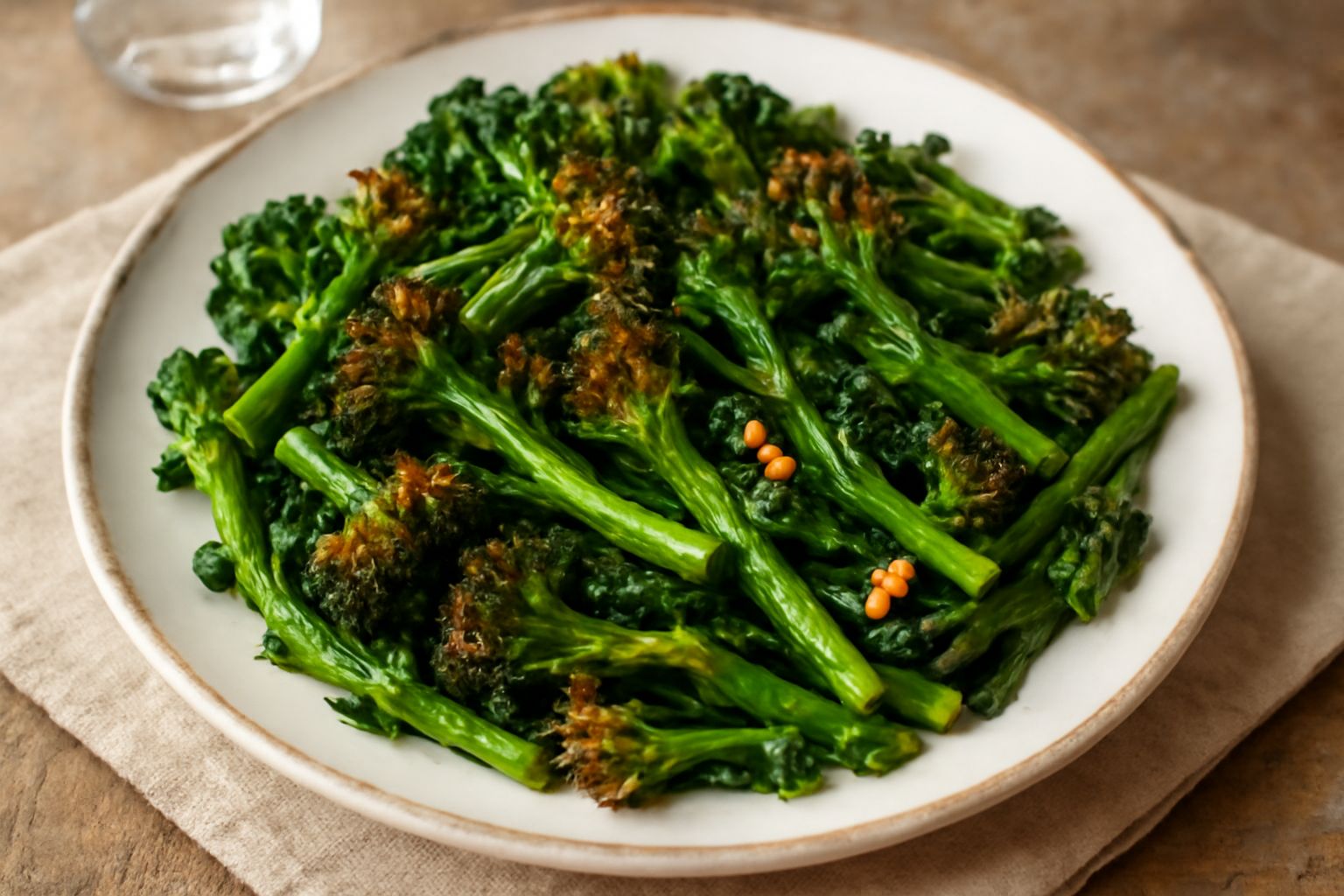Broccoletti di rapa ripassati in padella, di colore verde scuro con punte dorate croccanti, aglio affettato sottile e filo di olio brillante, serviti in un piatto bianco